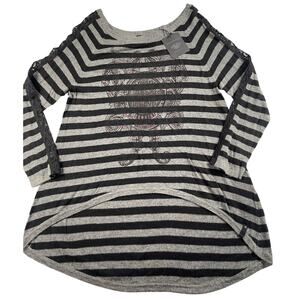 Harley Davidson Sweater Womens 2XL Gray Black Stripe Lace Trim High Low Tunic